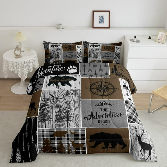Erosebridal Rustic Patchwork Twin Comforter Set , Retro Country Farmhouse Quilt Cabin Room Decor, Western Deer Bear Bedding Woodland Wildlife Adventure Camping Duvet Insert, Gray Brown