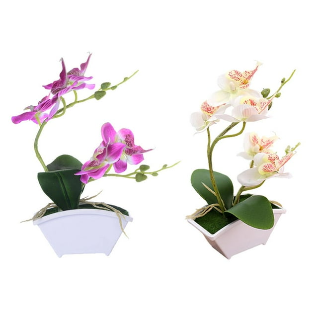 2 Piezas de de Mariposa Artificial Bonsai Flor de Imitación Decoración Floral con Jarrón Púrpura + blanco