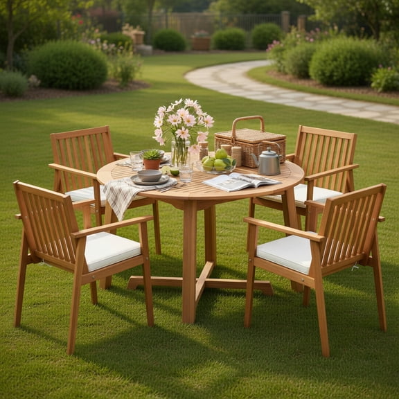 Resenkos Patio Round Table Set, 5-Piece Acacia Wood Dining Kit with Parasol Hole and Chairs, Brown