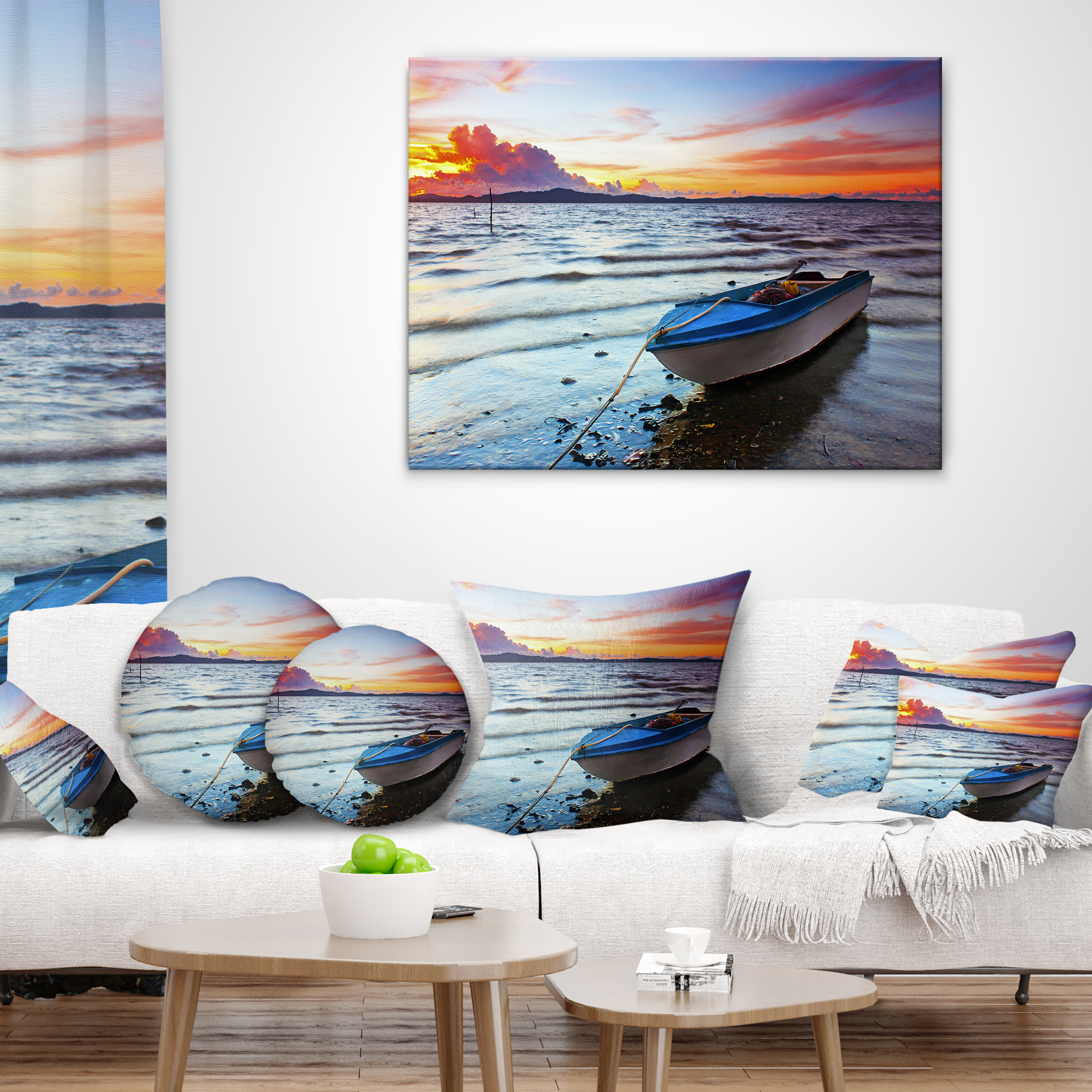 Designart Boat at the Sunset - Landscape Photography Throw Pillow - 12x20