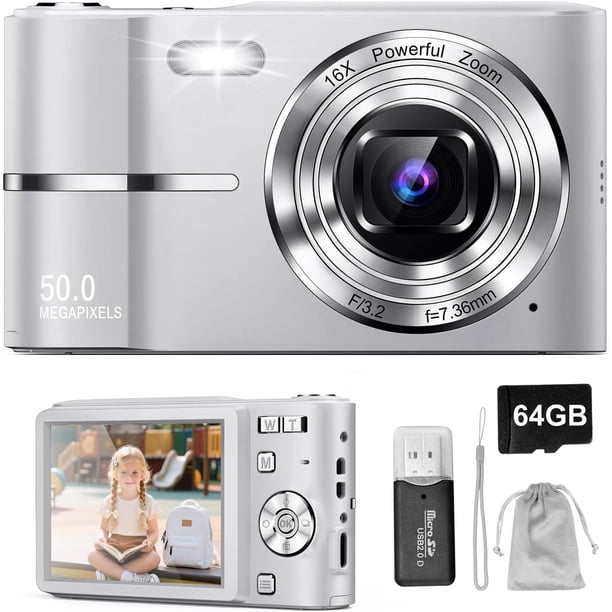 Cámara Digital, Camaras Fotografíacas, Digital Camara Vintage HD 1080P 50MP, Cámara de Video con Tarjeta 64GB, Enfoque Automático con Zoom 16X, 2.5'' Mini Camara para Niños y Niñas Plateado,Plateado