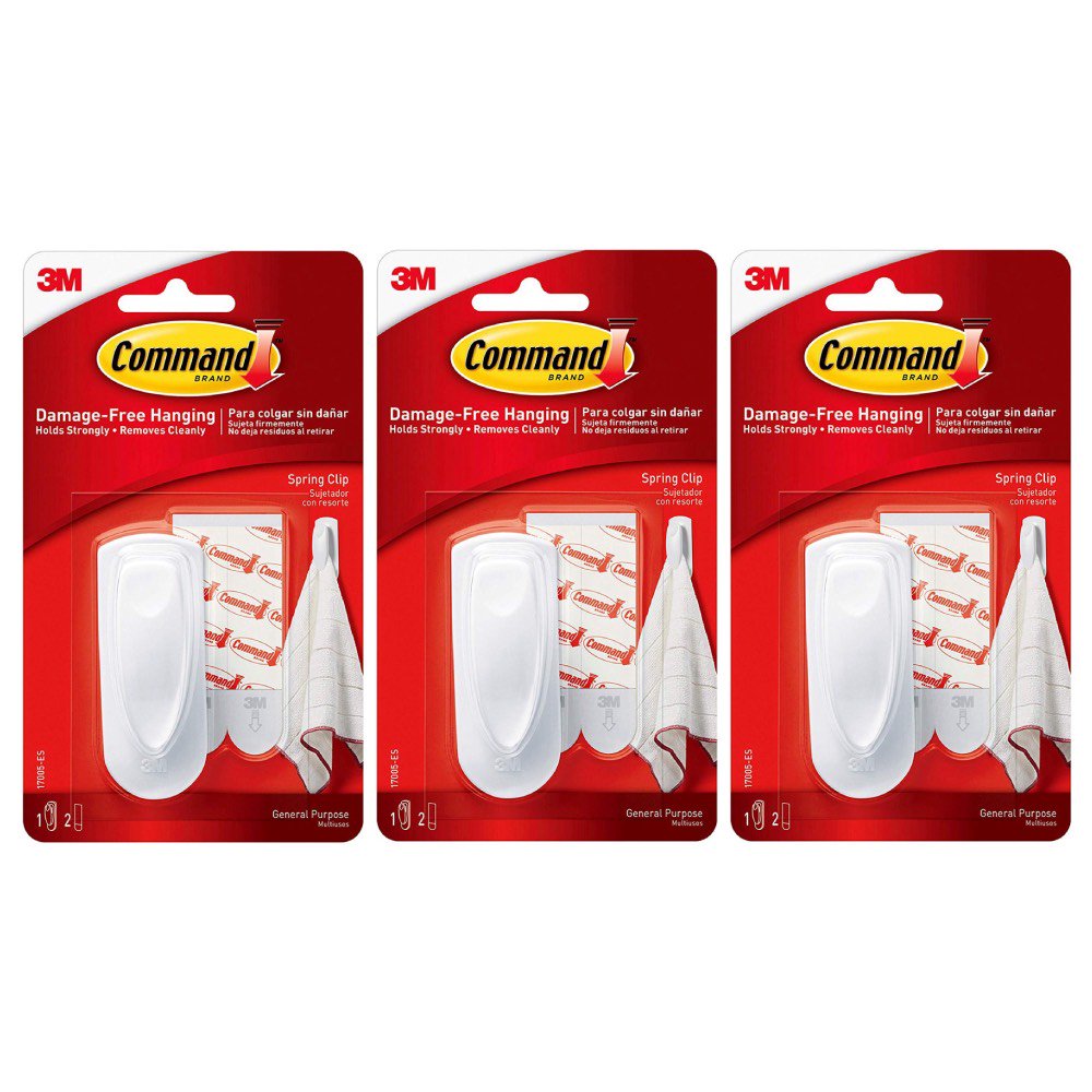 Command Spring Clips Adhesive Damage Free Hang White 1 Hook 2 Strips, 3