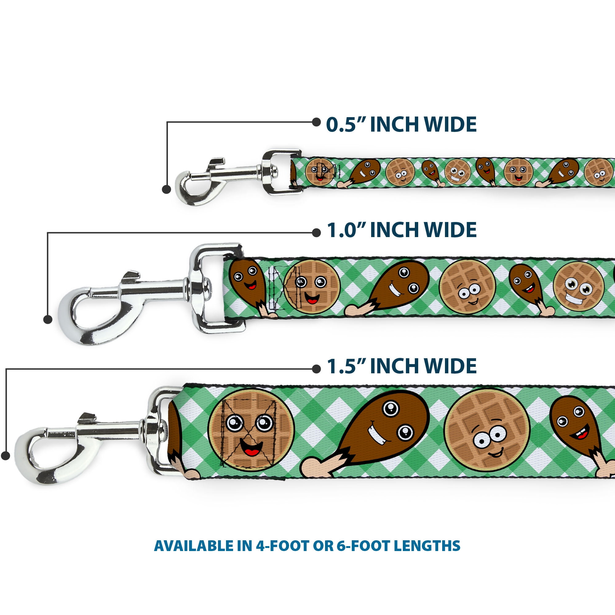 Buckle-Down Pet Leash, Dog Leash, Fried Chicken Waffles Plaid White Green, 6 Feet Long 1.0 Inch Wide