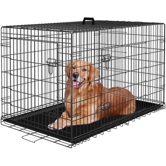 CGQP 48 Inch Large Dog Crate Heavy Duty Metal Kennel Double Door Folding with Tray and Divider
