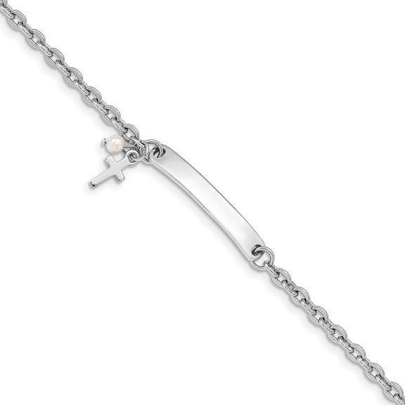 925 Sterling Silver Engravable Rhodium Plated Religious Faith Cross Freshwater Cultured Pearl Bar With 1inch Ext. Bracel