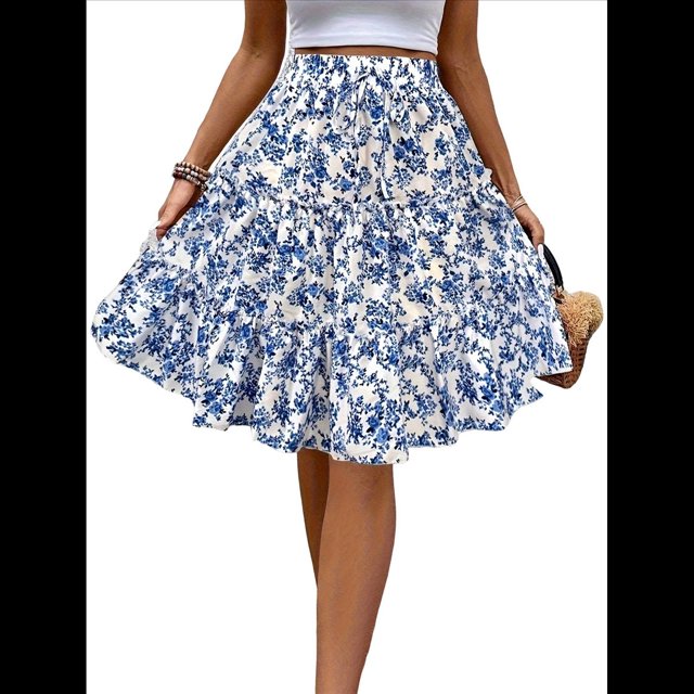Falda de Mujer con Estampado Floral, Dobladillo con Volantes, Cintura Alta Elástica y Lazo Frontal. Azul Pavo Real S