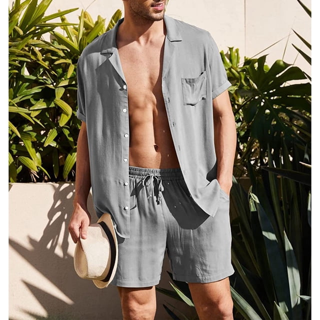 Traje casual para hombre, conjunto de camisa de lino y algodón, conjunto de camisa de lino y algodón, conjunto de camisa de lino de manga corta de primera línea