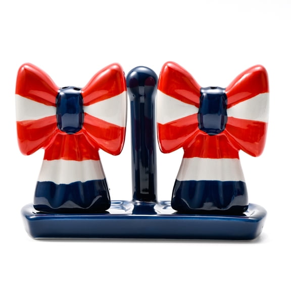 Cook with Color Ceramic Salt and Pepper Shaker Set, Figural Bow-Shaped Shakers with Tray, Patriotic Red White and Blue