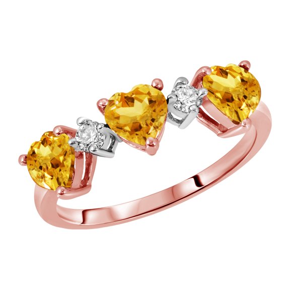 Galaxy Gold 14K Solid Rose Gold Ring Triple Heart Design with Natural Diamonds and Natural Citrines 1.50 CTW (9.5)