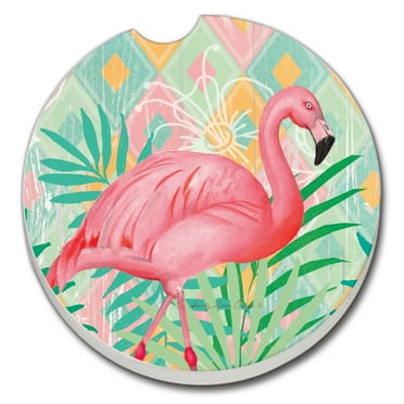 Absorbent Stoneware Car Coaster, Diamond Flamingo, Set of 2
