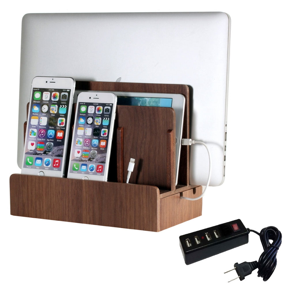 Walnut Multiple Phone Cell Charger Dock with Smart Cord & 4Port USB Power Strip