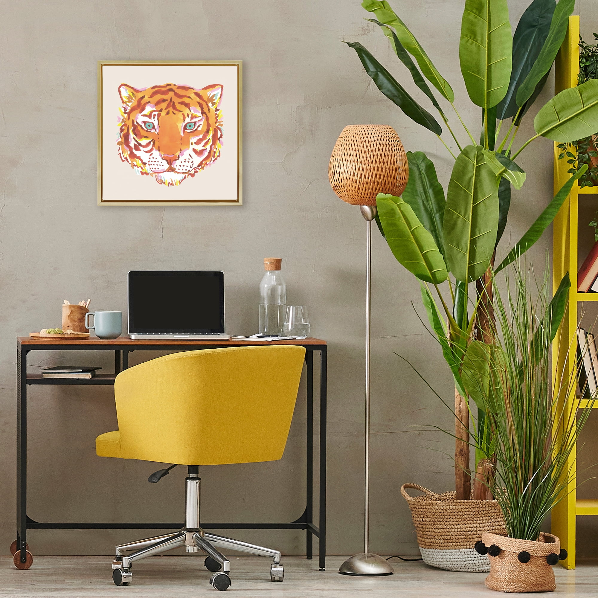 Stupell Industries Orange Boho Tiger Face Gold Framed Floater Canvas Wall Art, design by Karolina Sato