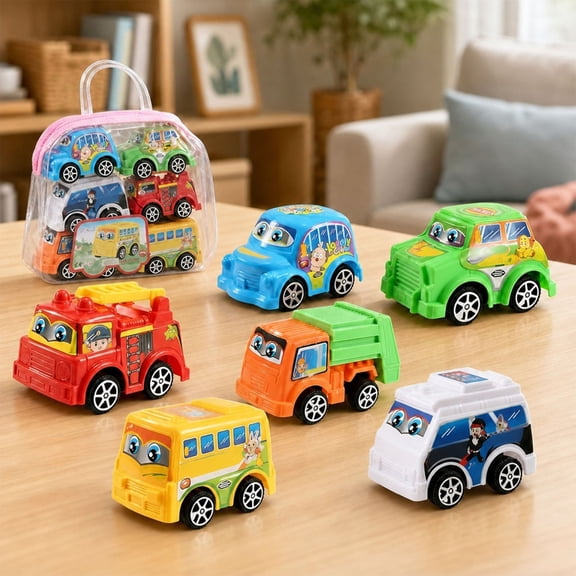 Cififendec 6Pcs Mini Pull Back Car Toy, 1.96", Plastic Cartoon Inertia Vehicle Models for Kids Indoor Playing, Birthday Party Gifts, Early Learning Activities