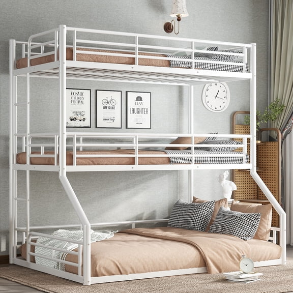 Harper & Bright Designs Triple Bunk Bed Twin over Twin over Full with Safety Guardrails, Metal Floor Bunk Bed Frame for Boys and Girls, Light White