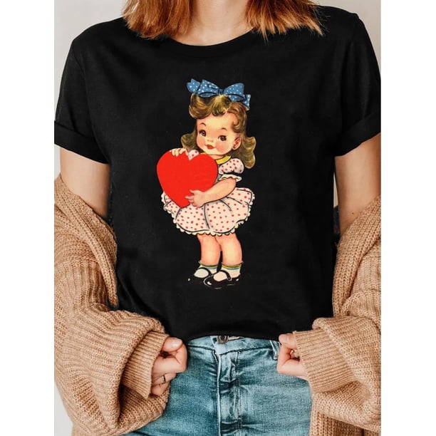Women'S Valentine'S Day T-Shirt, Cartoon Girl with Red Heart Print, Casual Crew Neck, Short Sleeve, Knit with Slight Stretch, Regular Fit Top for All Seasons