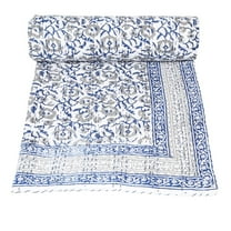 Indian Floral Print Kantha Quilt Throw Cotton Blanket Bedspread Hand Block Print Single Size