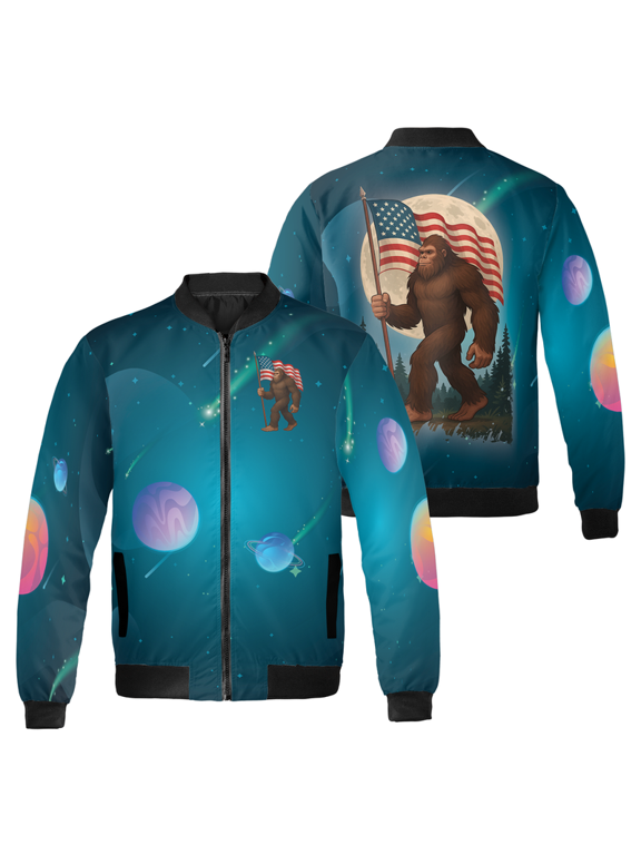 Patriotic Bigfoot Graphic 4th Of July Bomber Jacket - Funny Space USA Flag Sasquatch Outerwear