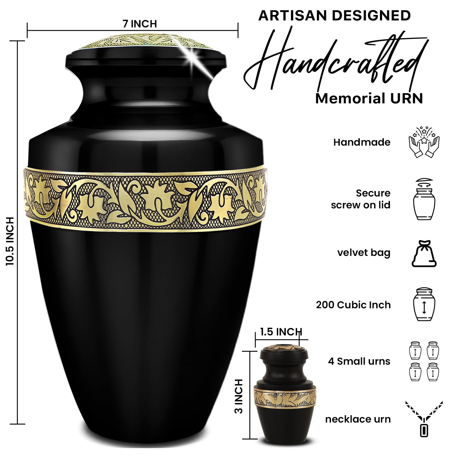 Black Aluminum Cremation Urn Set – 6-Piece Memorial Collection with Large Adult Cremation Urn and Mini Keepsake Urns for Human Ashes, Handcrafted Tribute