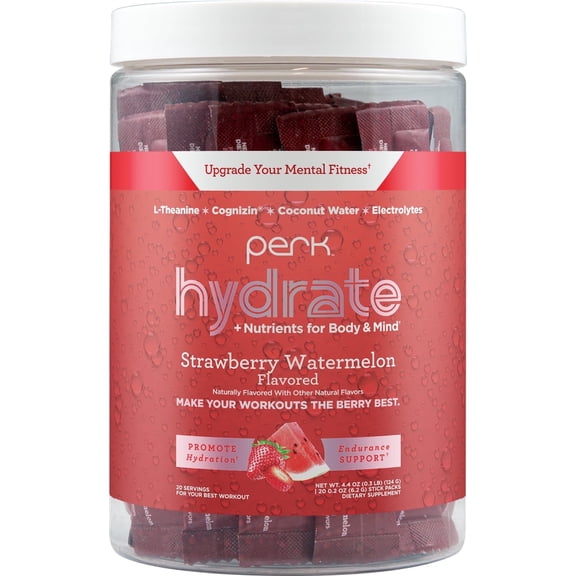 Perk Hydrate Electrolyte Stickpacks (Strawberry Watermelon) 20 Packets - Coconut Water, CDP-Choline, L-Theanine, Gluten-Free, Keto Friendly, Vegan