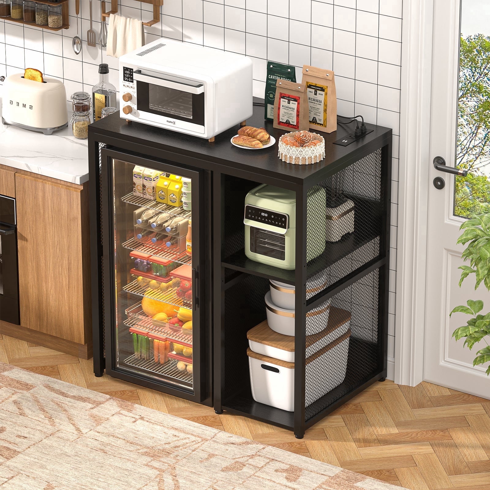Homieasy Mini Fridge Stand with Charging Station, Bakers Rack with Mini Fridge Space & Glass Holder for Kitchen/Dining, Black
