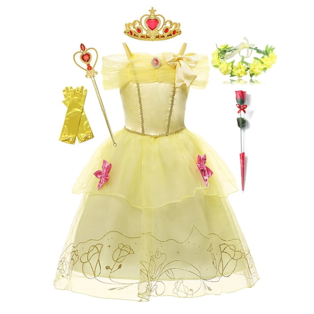 Disney Belle Princess Dress Baby Girls Disfraz de Cosplay Niños Fiesta de cumpleaños de Halloween Dress Up Beauty And the Beast Robe Clothing9-10T (Etiqueta 150) Gao Jinjia LED