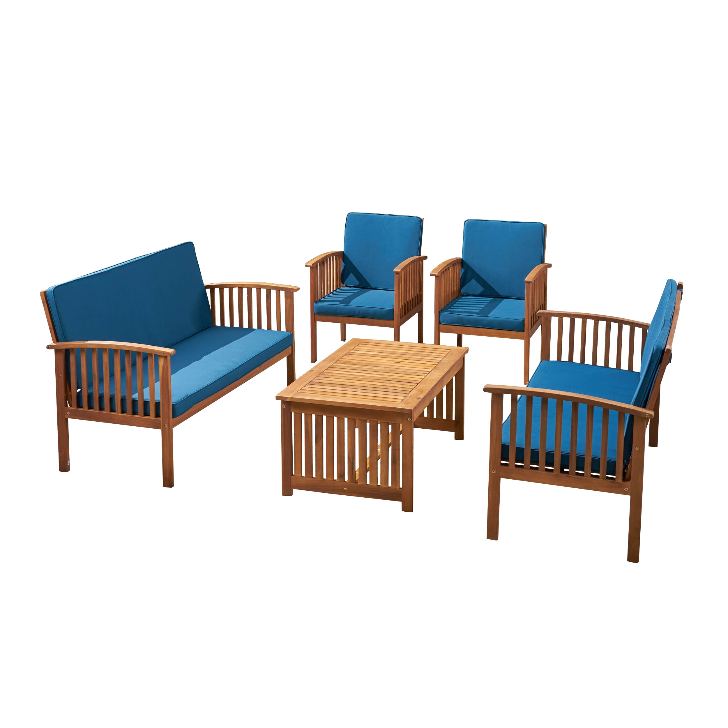 Alvin Outdoor 5 Piece Acacia Wood Conversation Set with Coffee Table and Cushions, Brown Patina, Dark Teal
