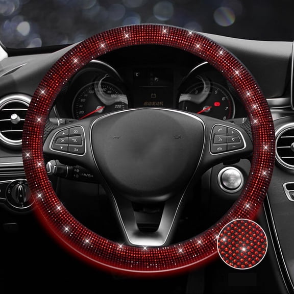 Car Steering Wheel Cover, Bling Bling Rhinestone Shiny Diamond Car Interior Decoration Gifts for Women Steering Wheel Cover, Red