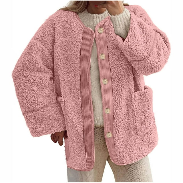 KIHOUT Women's Fall Winter Warm Jacket Casual Solid Color Splice Long Sleeve Button Sherpa Coat with Pockets