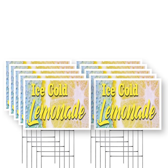 Iced Cold Lemonade Yard Sign 10 Pack of 12 Inch x 16 Inch Single Sided Weatherproof Heavy-Duty Plastic with Stake | Refreshing Drinks, Summer Favorites, Food Stands | Made in USA