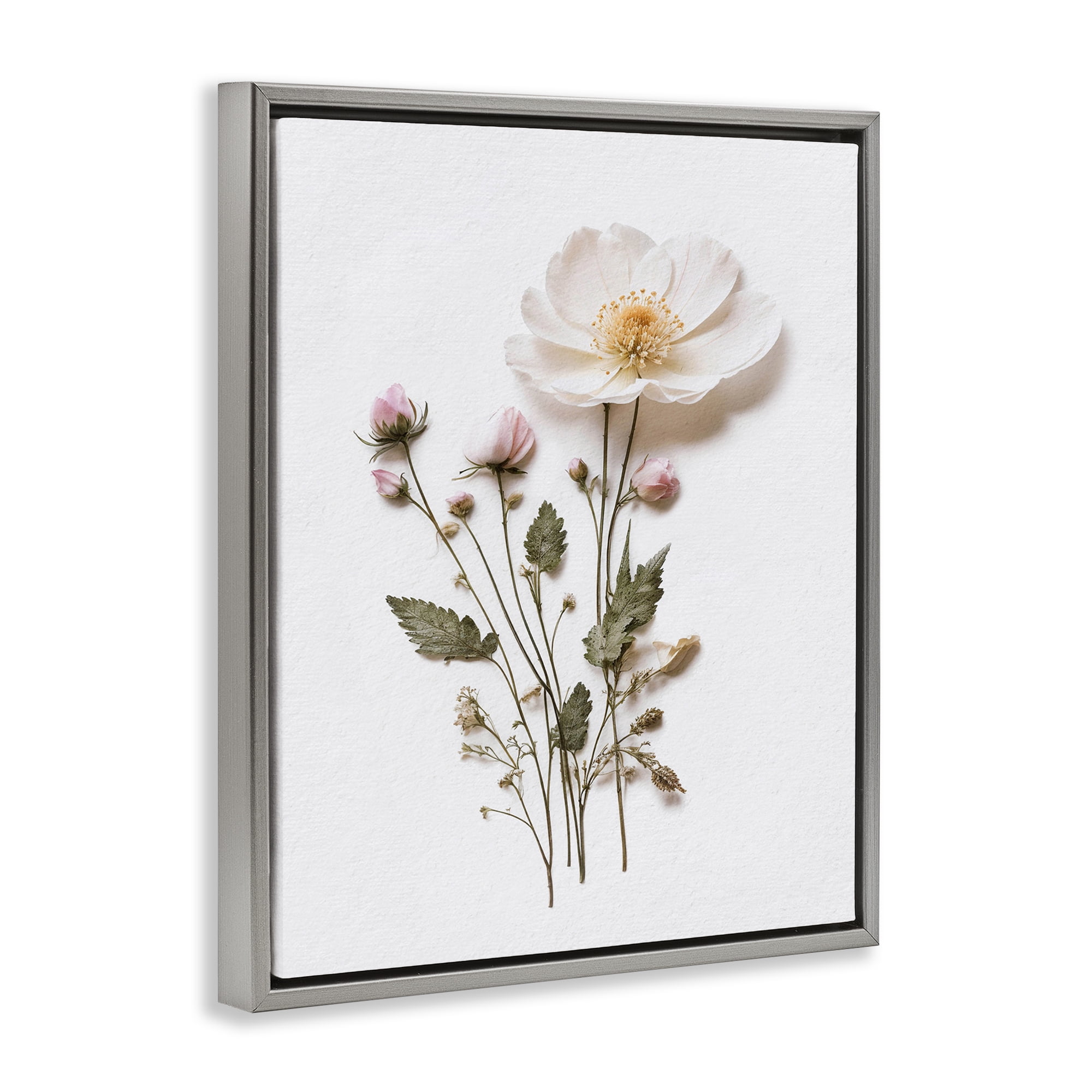 Simple Pressed Flowers Gray Framed Floater Canvas Wall Art, design by Lettered and Lined