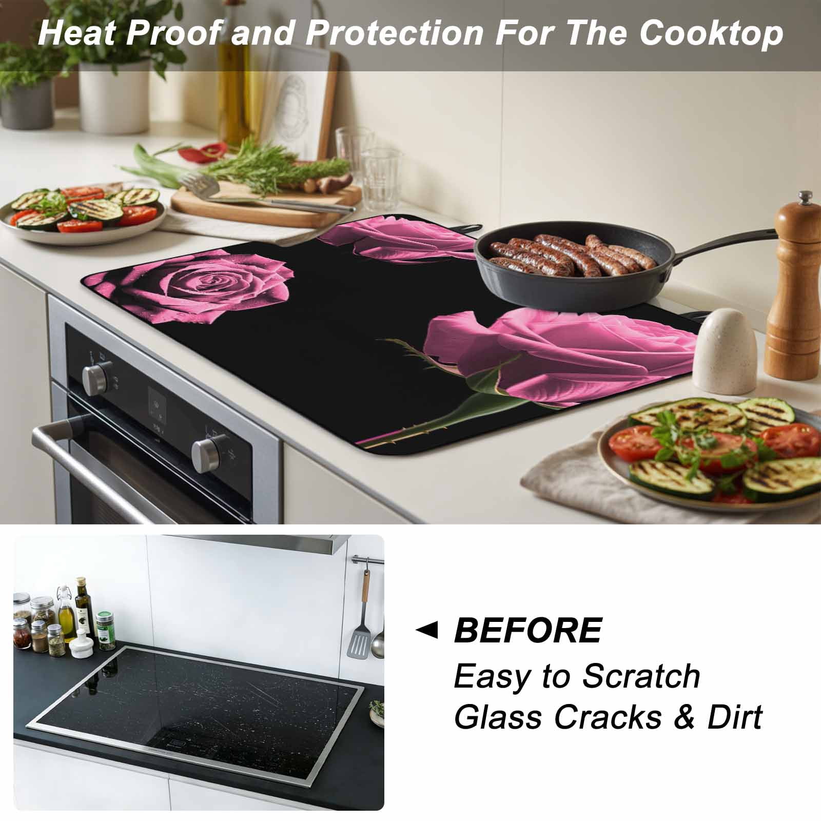 Pink Rose Stove Top Cover for Electric Stove, Heat-proof & Non Slip Glass Top Stove Cover Protector, Vintage Abstract Garden Flower Floral Black Kitchen Flat Cooktop Rubber Mat 24x21 Inches