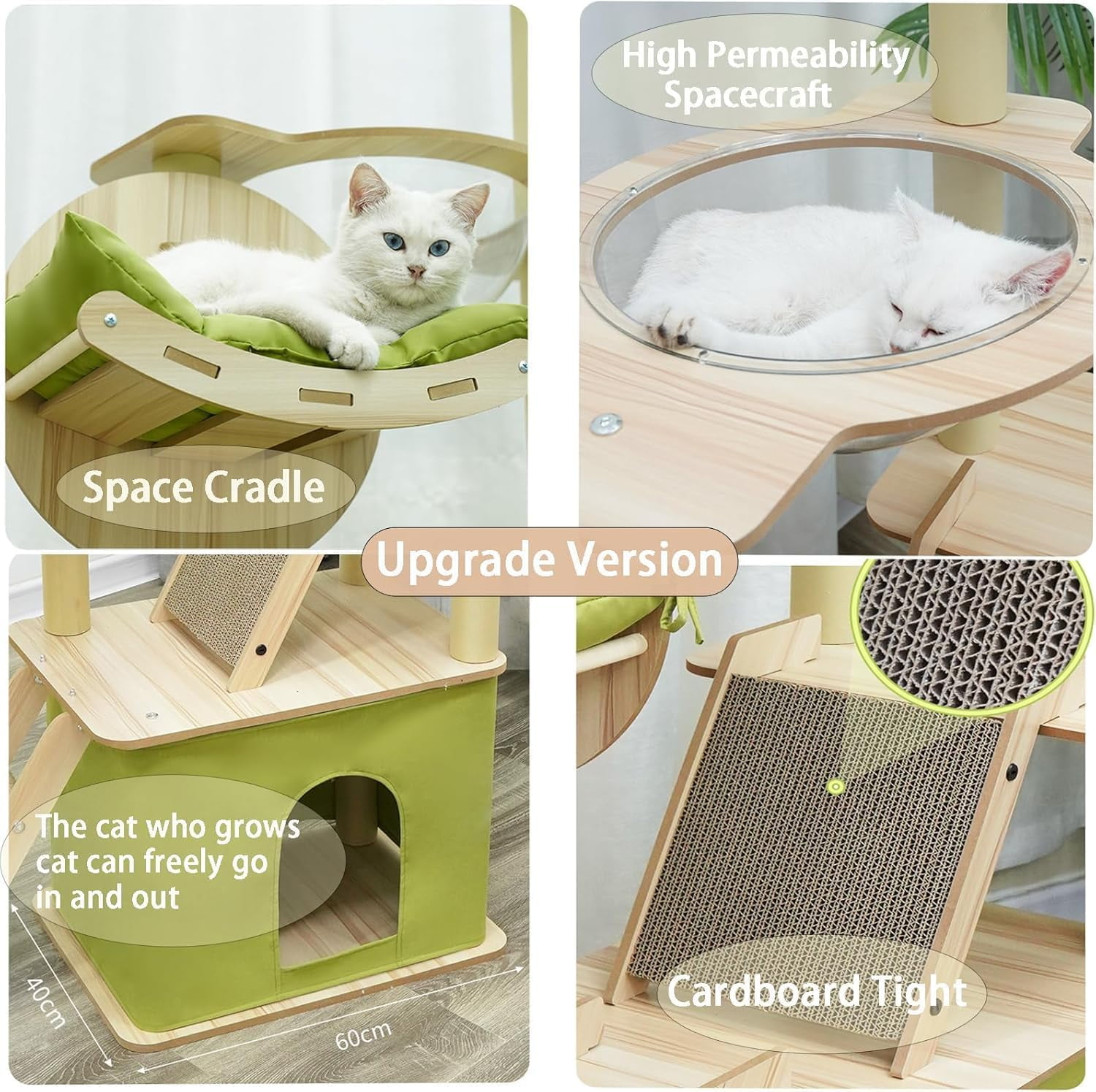 Mekidulu 59in Green Wood Cat Tree Tower, Modern Pet Furniture for Large Cats