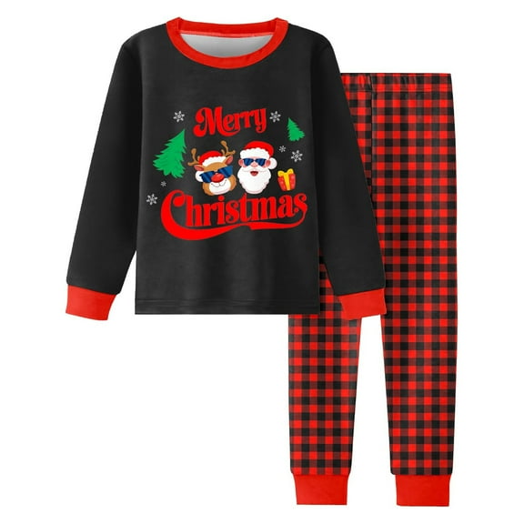 Jamsmile Toddler Boys Outfit Sets Christmas Santa Print Plaid Pants 2 Piece Long Sleeve Sleepwear Kids Boys Clothes