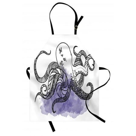 Octopus Apron Line Art Drawing Style Marine Creature with Tribal Ethnic Ornaments, Unisex Kitchen Bib Apron with Adjustable Neck for Cooking Baking Gardening, Lavender Black and White, by (Best Lavender For Cooking)