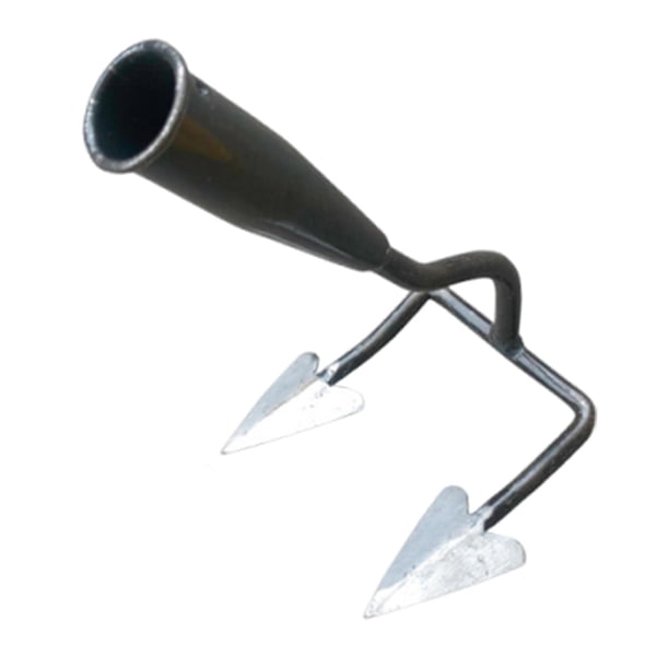 Azada de jardín multiusos para deshierbar, compacta y resistente, con forma triangular. 2 dientes