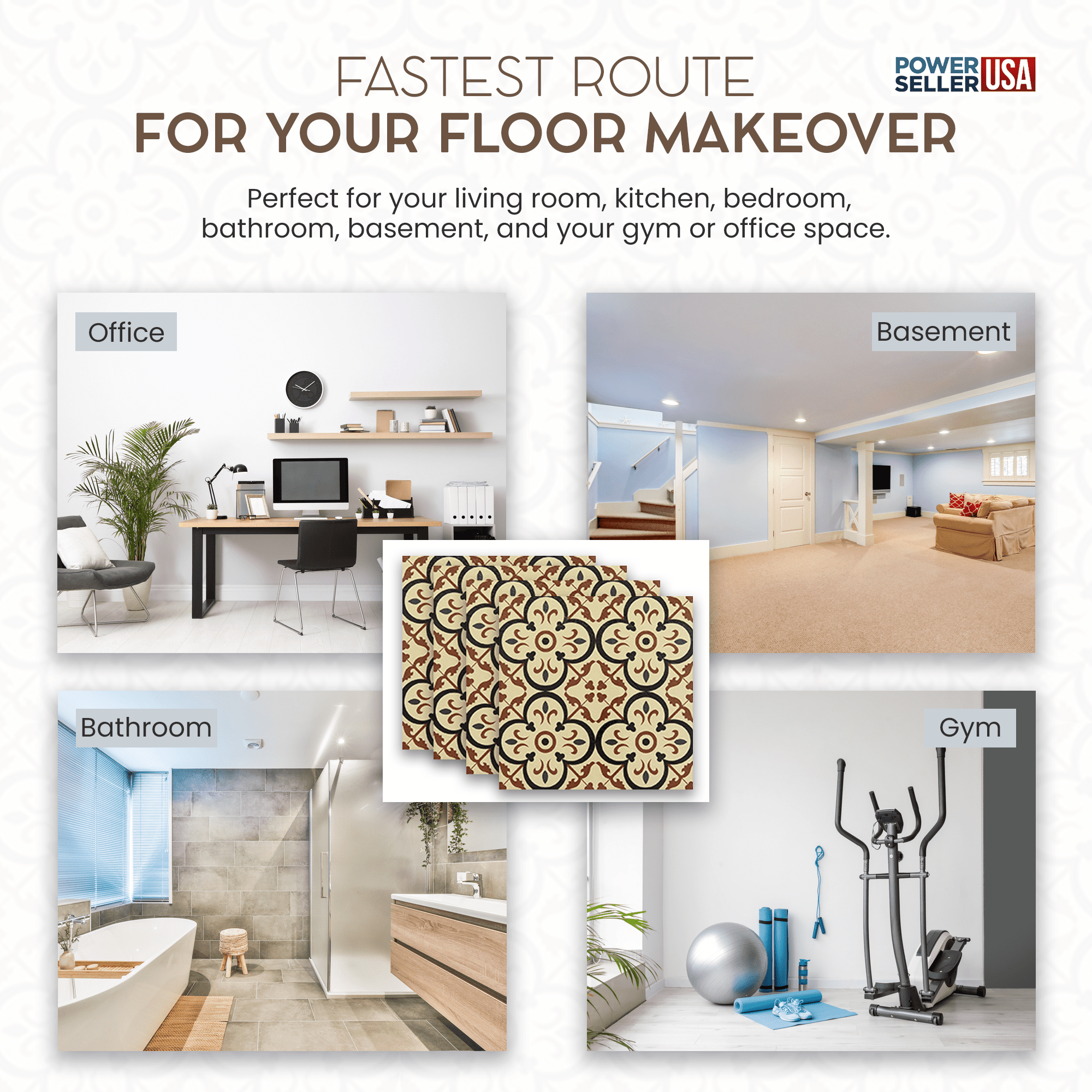PowerSellerUSA Self-Stick Vinyl Modern Geometric Floor Tiles Ultra Durable 1.5mm Thick Tiles, 5-Pack/100 Square Ft., 12" x 12", Beige Burch