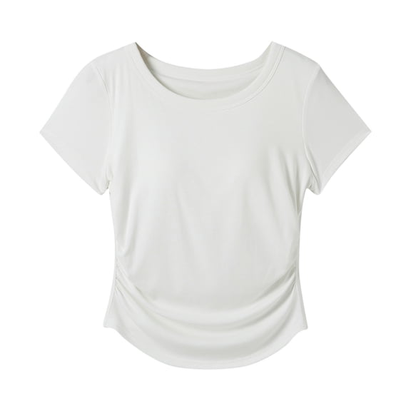 Annhoo Short Sleeve Shirts for Women Round Neck Solid Color Pleated Basic Crop Tops with Bra Going Out Clothes