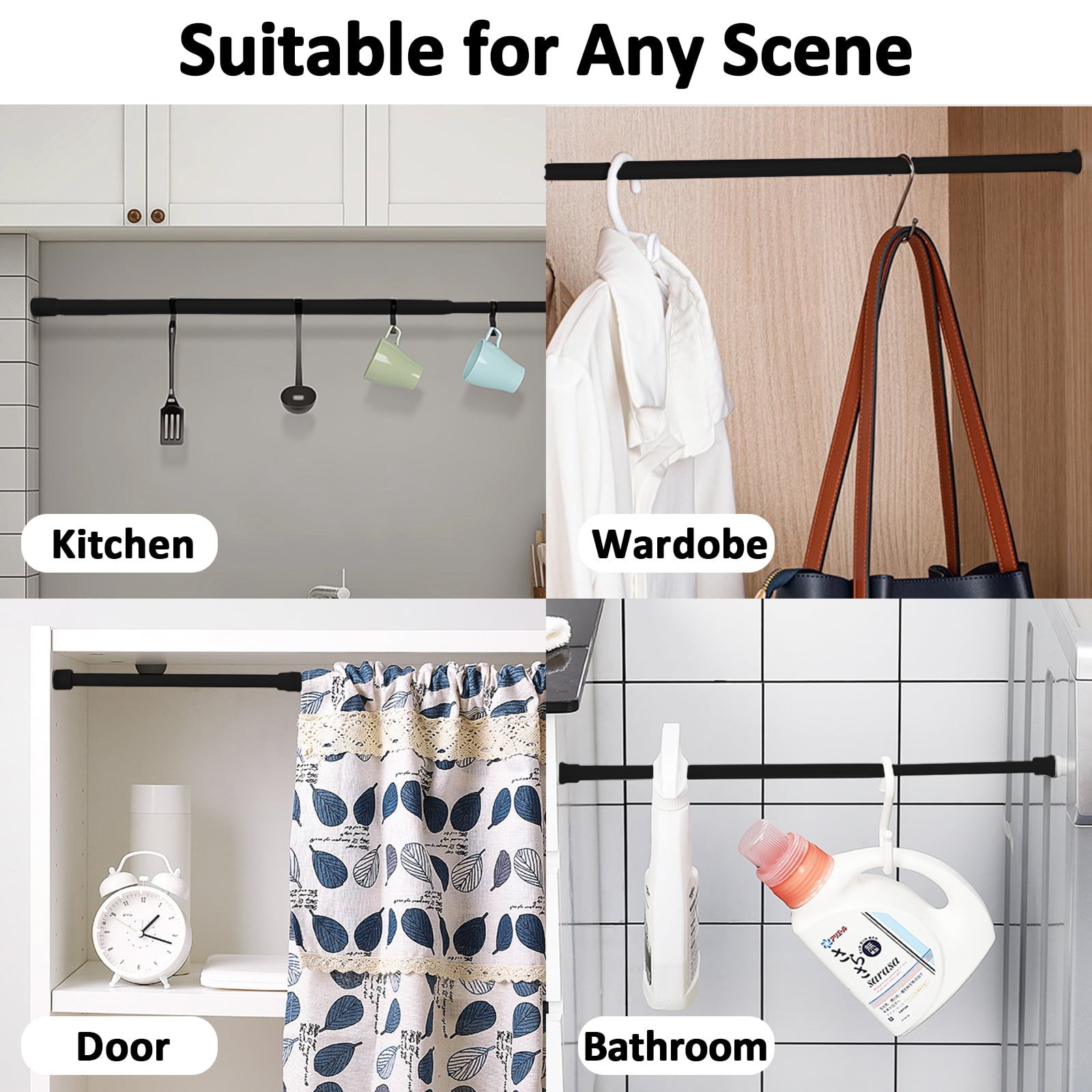 2pcs Spring Tension Curtain Rods, STONCEL Cupboard Bars Extendable 15.7-28 inch with 4 Rod Holders, Adjustable Small Curtain Rod for Bathroom Wardrobe Bookshelf DIY Projects Black