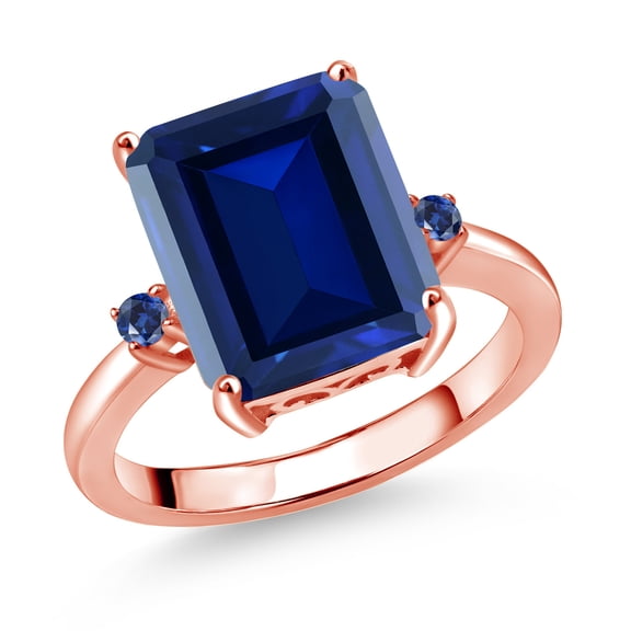 Gem Stone King 18K Rose Gold Plated Silver 12X10MM Blue Simulated Sapphire and 2MM Blue Created Sapphire 3 Stone Engagement Ring for Women | 6.79 Cttw | Gemstone September Birthstone | Size 9