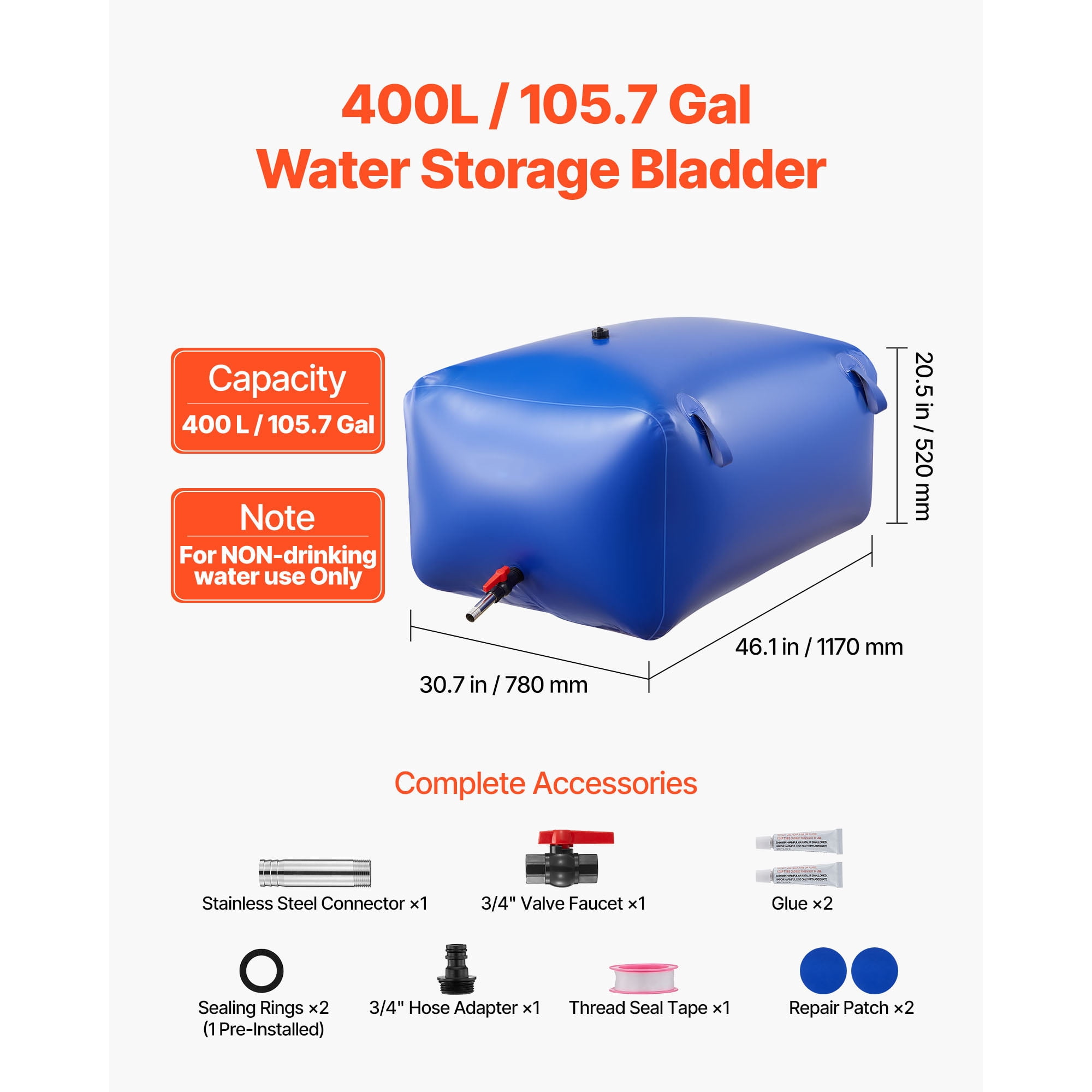 KFFKFF 105.7 Gallon Portable Water Storage Bladder, Collapsible PVC Water Container, Durable Leak-Resistant Tank for Emergency, RV, Truck, Outdoor Applications