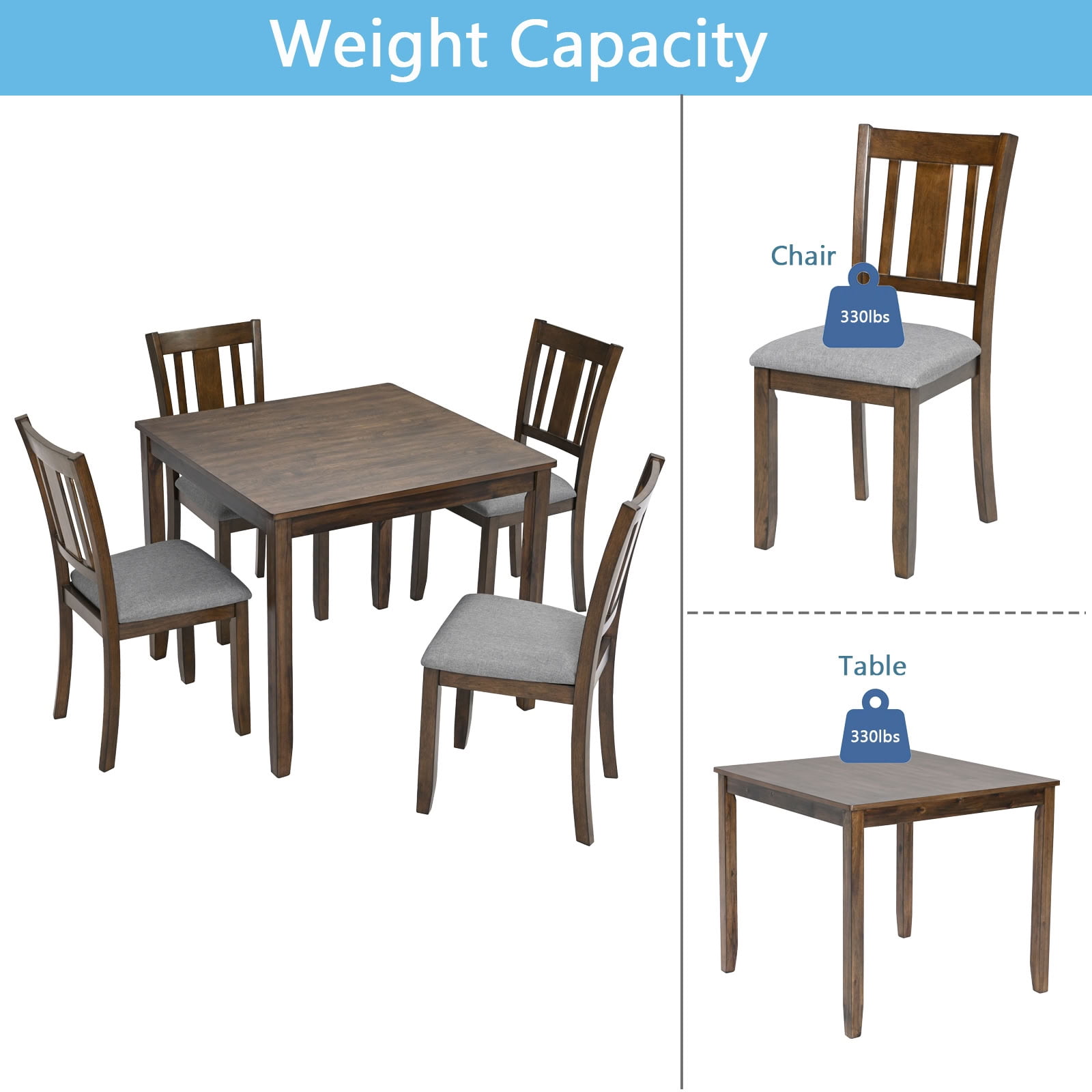 MAYEERTY 5-Piece Wooden Dining Table and Chairs Set for 4 with Water-Oil Resistant Tabletop & Space-Saving for Kitchen Dining Room Apartment, Walnut