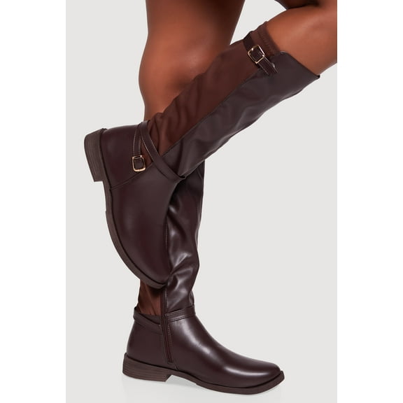 Women's Buckle Strap Detail Elastic Back Almond Toe Boots