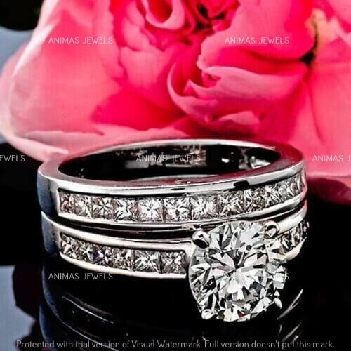Ring Jewels 3.00 CT Round Cut White Cubic Zirconia Bridal Wedding Ring Set Real 925 Sterling Silver