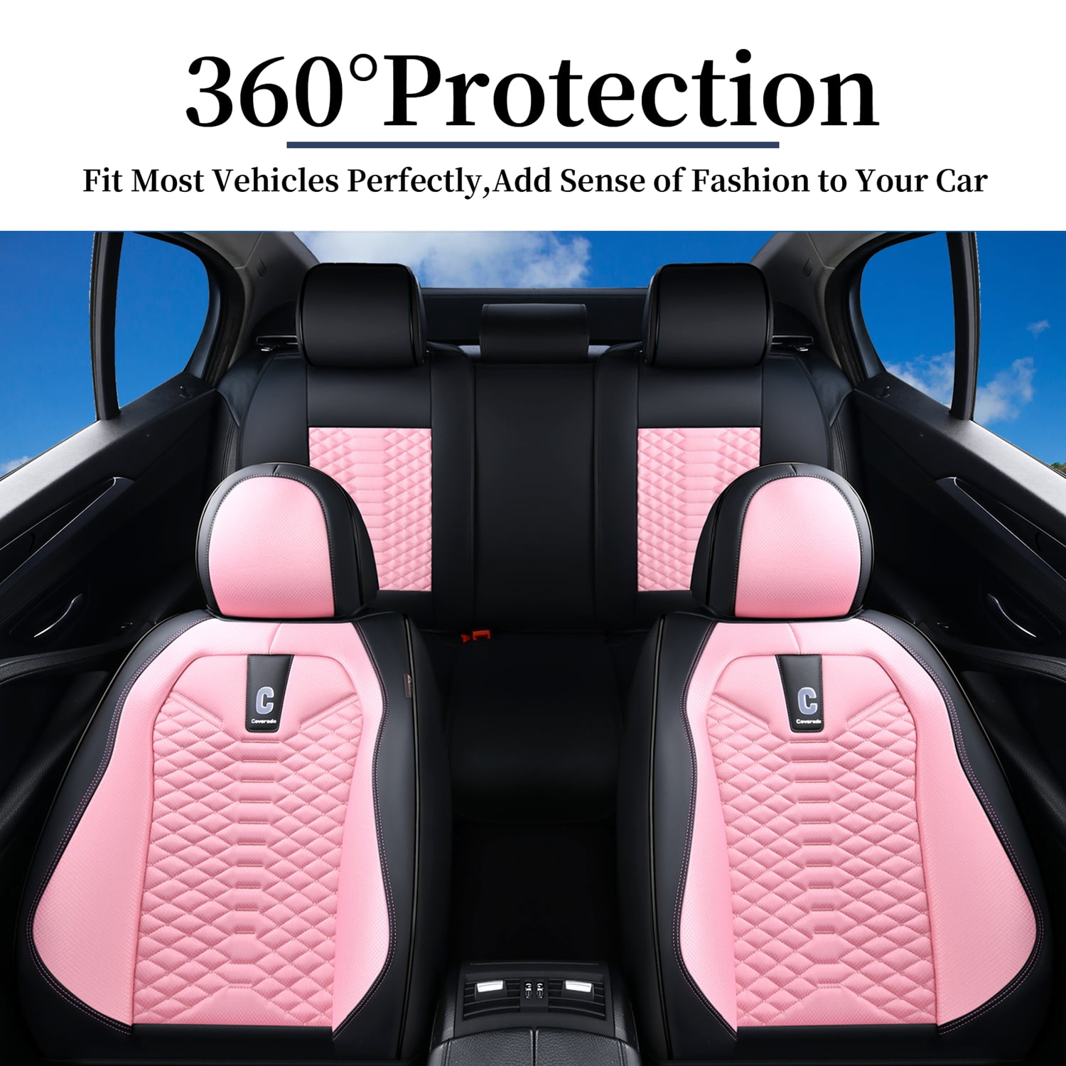 Coverado Pink Car Seat Covers Full Set for Women, 5 Seats Leather&Fabric Breathable Front and Back Auto Protectors, Universal Car Interior Cushions Fit Most Sedans SUV Pickup Trucks