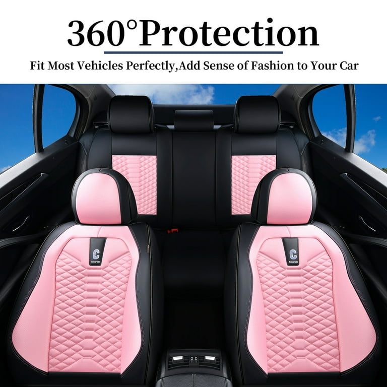 Coverado Pink Car Seat Covers Full Set for Women, 5 Seats Leather &Fabric Breathable  Front and Back Car Seat Covers Auto Protectors, Universal Car Interior Cushions  Fit Most Sedans SUV Pickup Trucks 