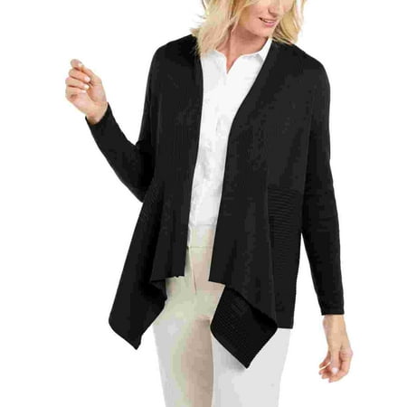 JM Collection Women's Petite Mixed-Ribbed Flyaway Cardigan Black Size Large