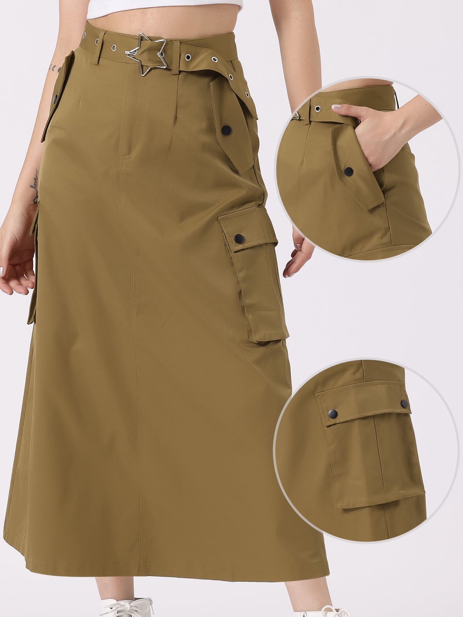 DARING DIVA Women's Stylish Versatile Y2K Cargo Long Skirt Vintage Streetwear M Brown