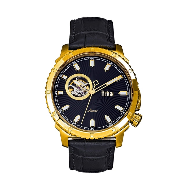 Reloj REIGN Bauer Automático Semi-Esqueleto Oro/Cuero Negro