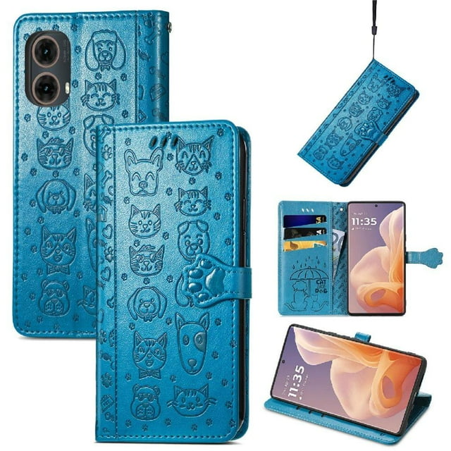 Funda Cartera FOXDOCK para Motorola Moto G85 , Flip PU con Relieve de Gatos y Perros, Tarjetero y Soporte