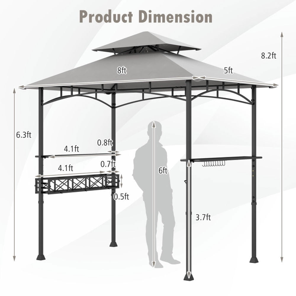 Spaco Outdoor Gazebo,Patios Gazebos,8 x 5 FT Outdoor Grill Gazebo with 2 Side Shelves and 20 Hooks-Gray